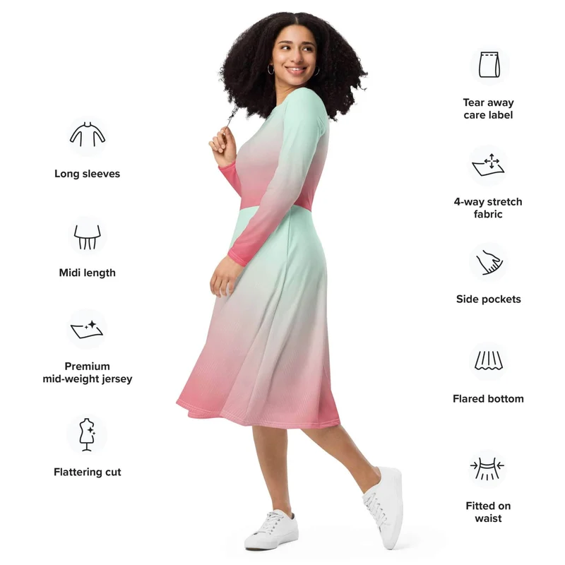 Charming Ombre Long-Sleeve Midi Dress