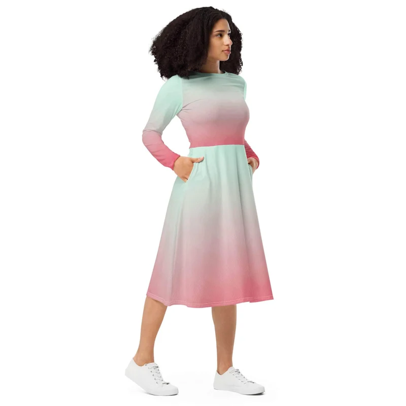 Charming Ombre Long-Sleeve Midi Dress