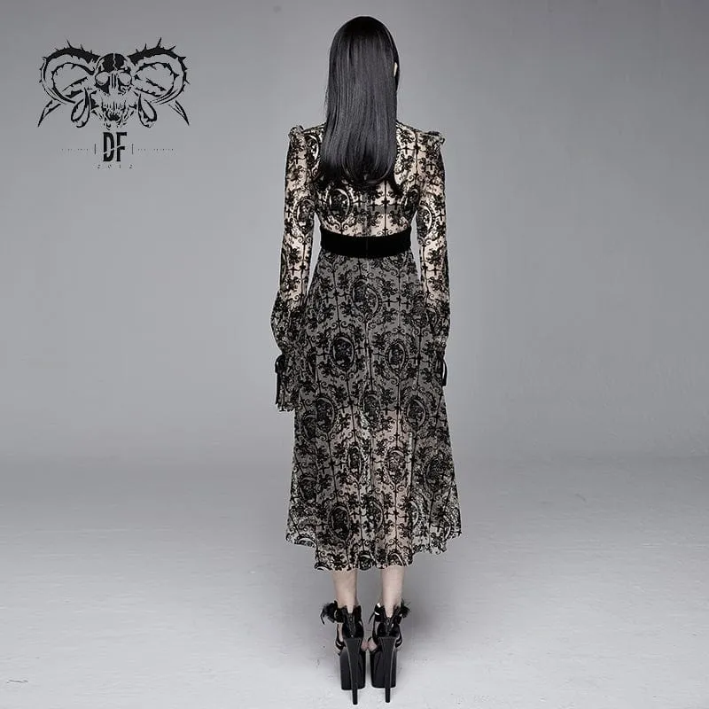 Gotisches Damen-Mesh-Kleid mit unregelmäßigem Blumendruck und Neckwear