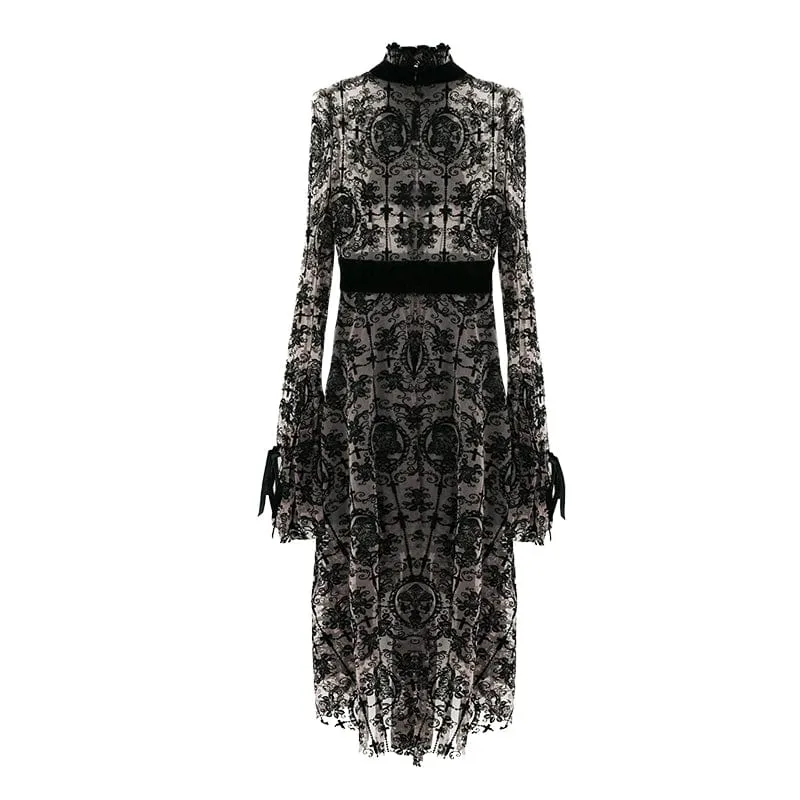Gotisches Damen-Mesh-Kleid mit unregelmäßigem Blumendruck und Neckwear