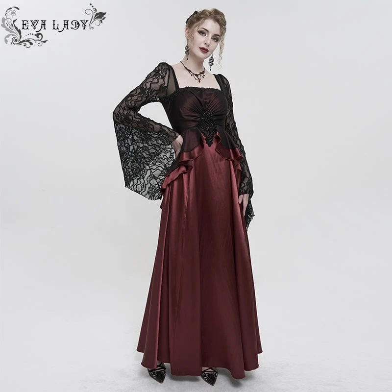 Damen-Brautkleid im Gothic-Stil mit Spitzenärmeln, mehrlagig, drapiert