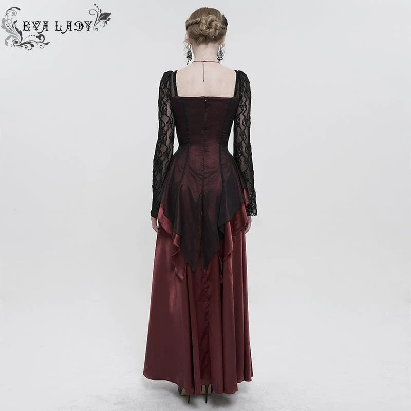 Damen-Brautkleid im Gothic-Stil mit Spitzenärmeln, mehrlagig, drapiert