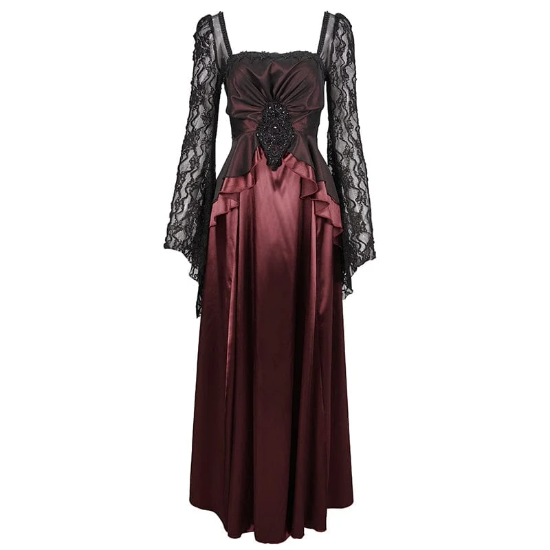 Damen-Brautkleid im Gothic-Stil mit Spitzenärmeln, mehrlagig, drapiert