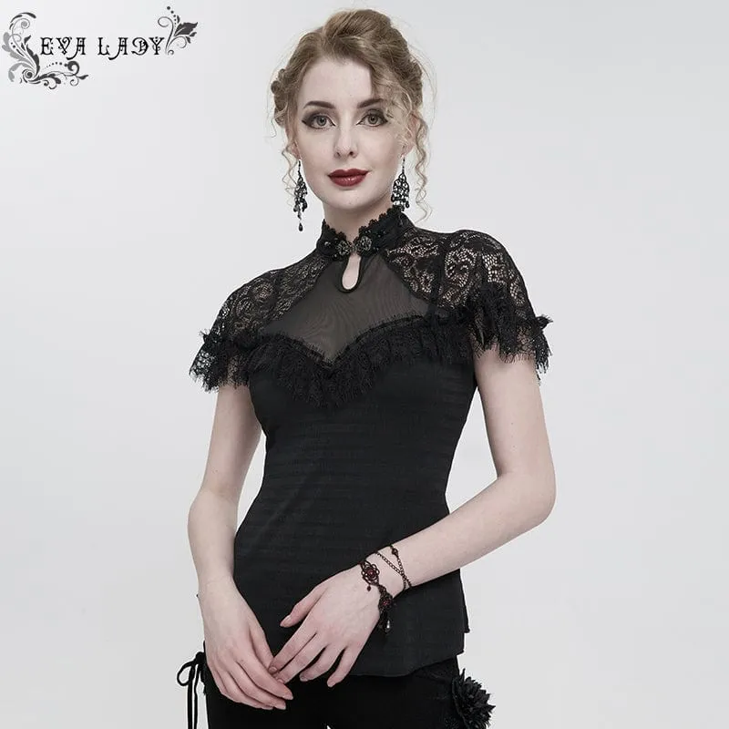 Gothic Cheongsam-Kragen-Spitzenspleiß-Rüschenhemd für Damen