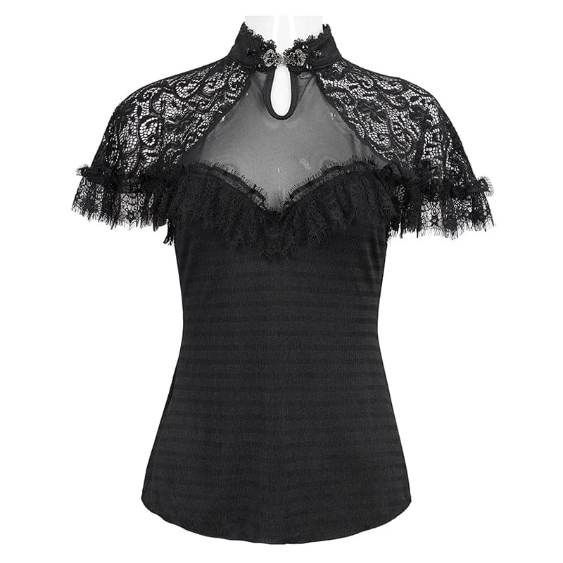 Gothic Cheongsam-Kragen-Spitzenspleiß-Rüschenhemd für Damen