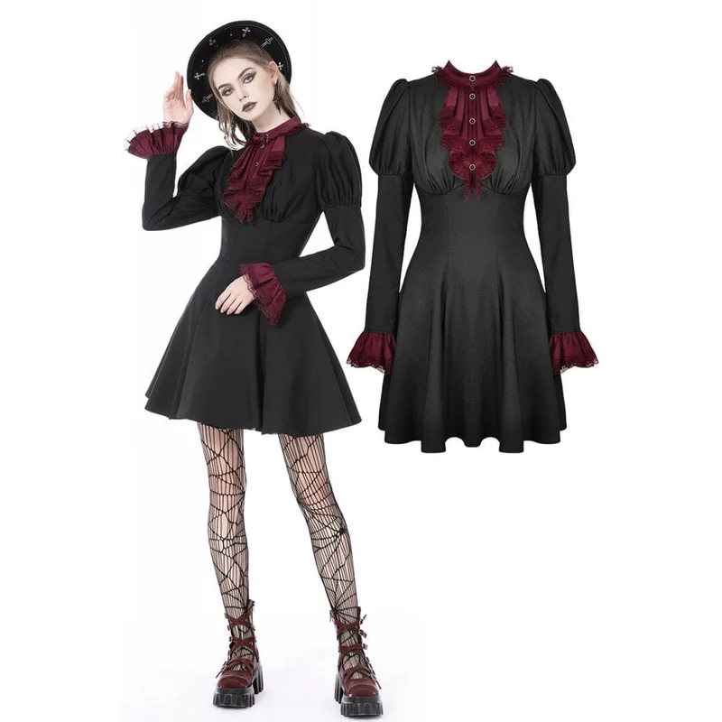 Gothic-Kleid für Damen mit Puffärmeln, Rüschenkragen und Schleife, Abschlusskleid