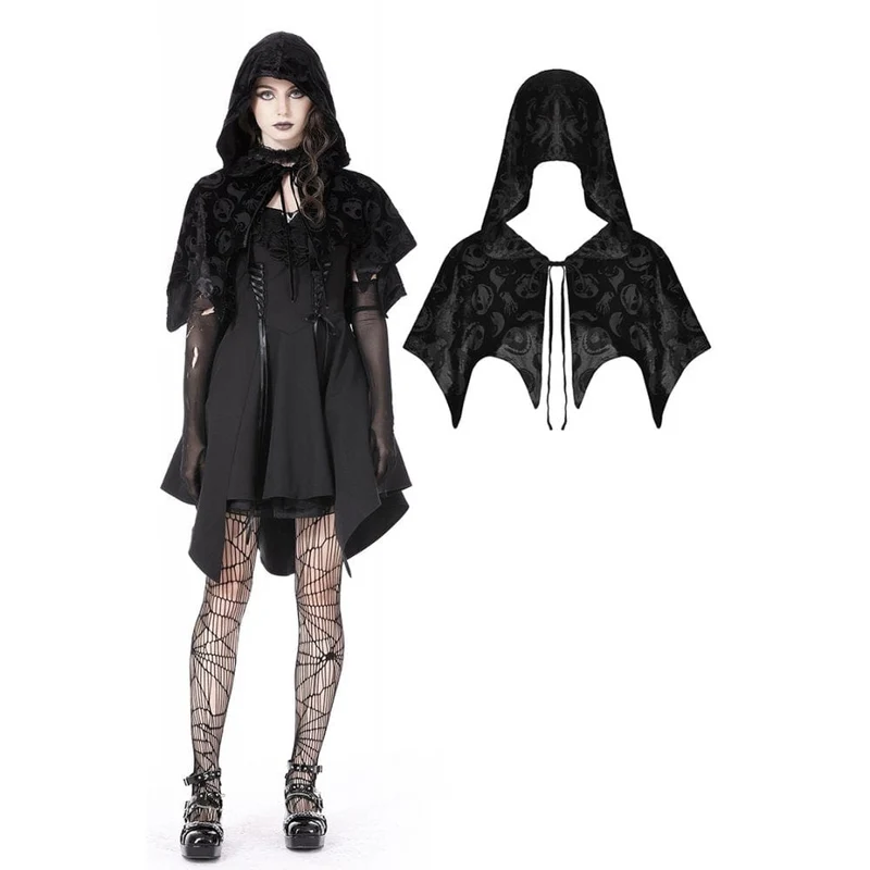 Samtumhang mit Gothic-Schädeldruck und Kapuze für Damen