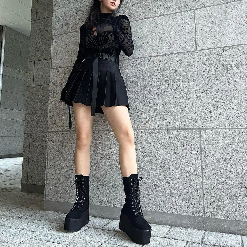 Damen-Punk-Wildleder-Schnür-Plateaustiefel