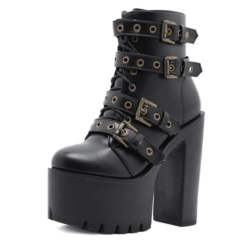 Damen Punk Buckles Chunky Heel Stiefel