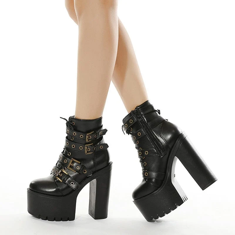 Damen Punk Buckles Chunky Heel Stiefel