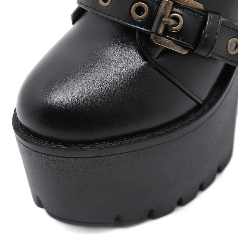 Damen Punk Buckles Chunky Heel Stiefel