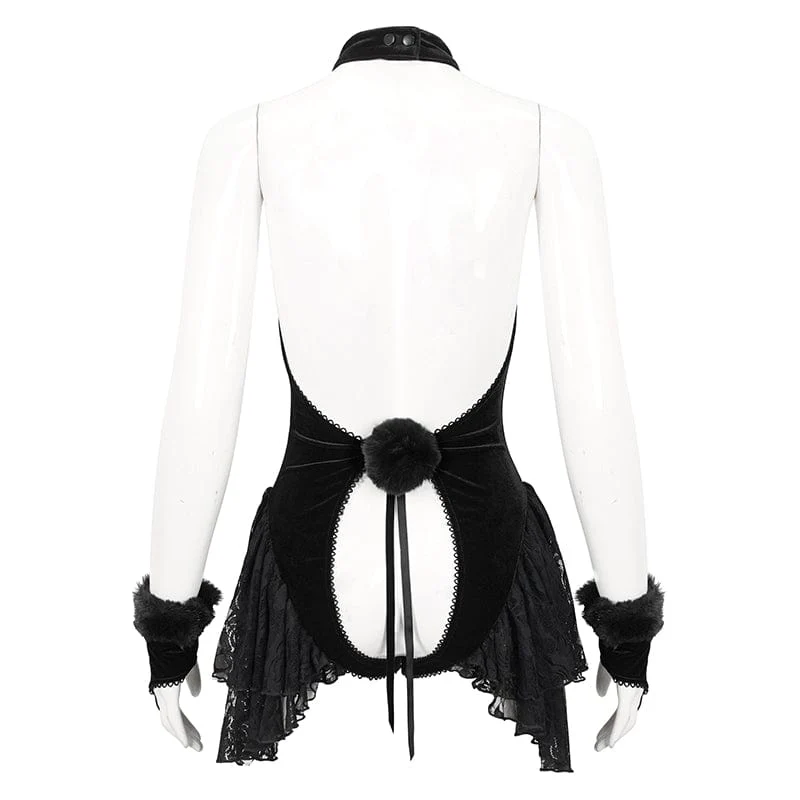 Damen-Dessous aus Gothic-Neckholder-Spitze und Samt mit Ärmeln