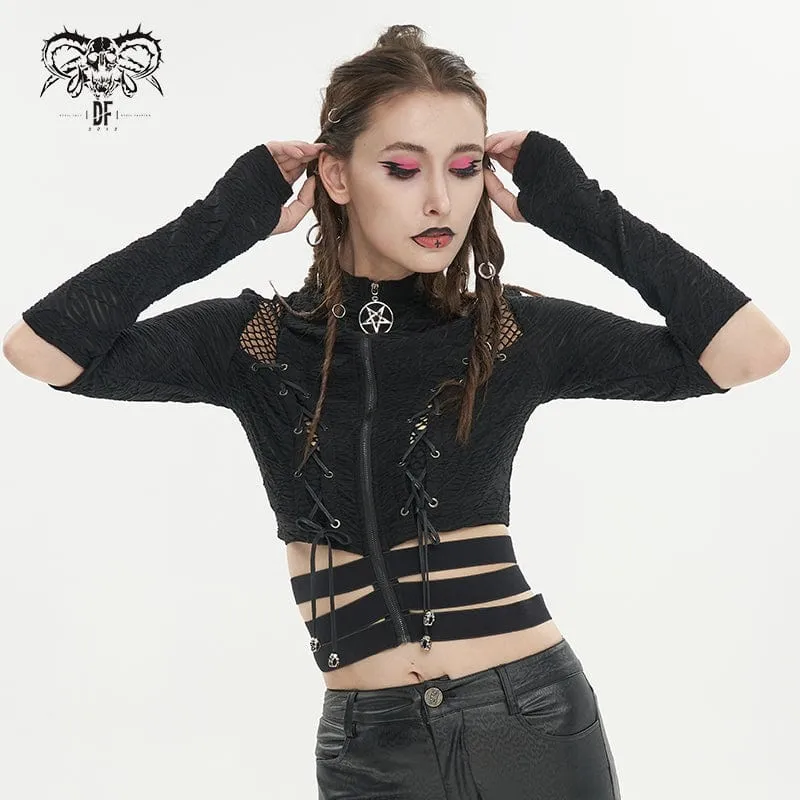 Gothic Crop Top mit gerüschten Trägern und gespleißtem Netzstoff für Damen