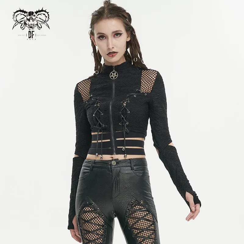 Gothic Crop Top mit gerüschten Trägern und gespleißtem Netzstoff für Damen