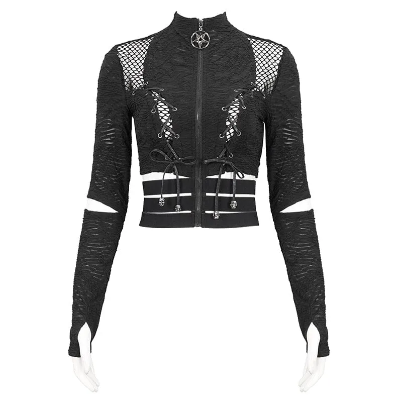 Gothic Crop Top mit gerüschten Trägern und gespleißtem Netzstoff für Damen