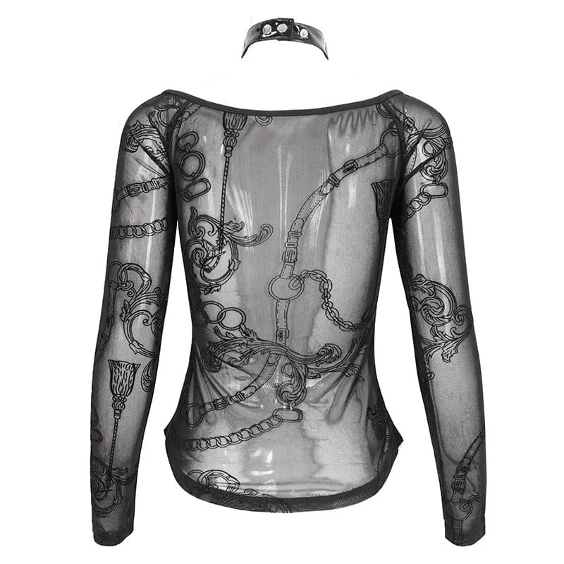 Damen Gothic Riemchen Neckholder Mesh Shirt