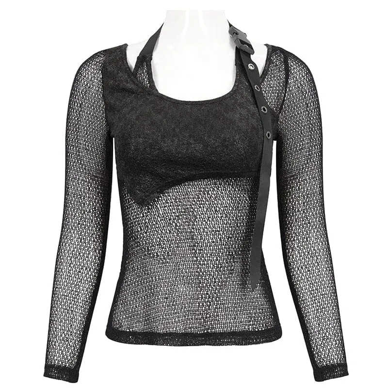 Mesh-Shirt mit Gothic-Schnalle für Damen