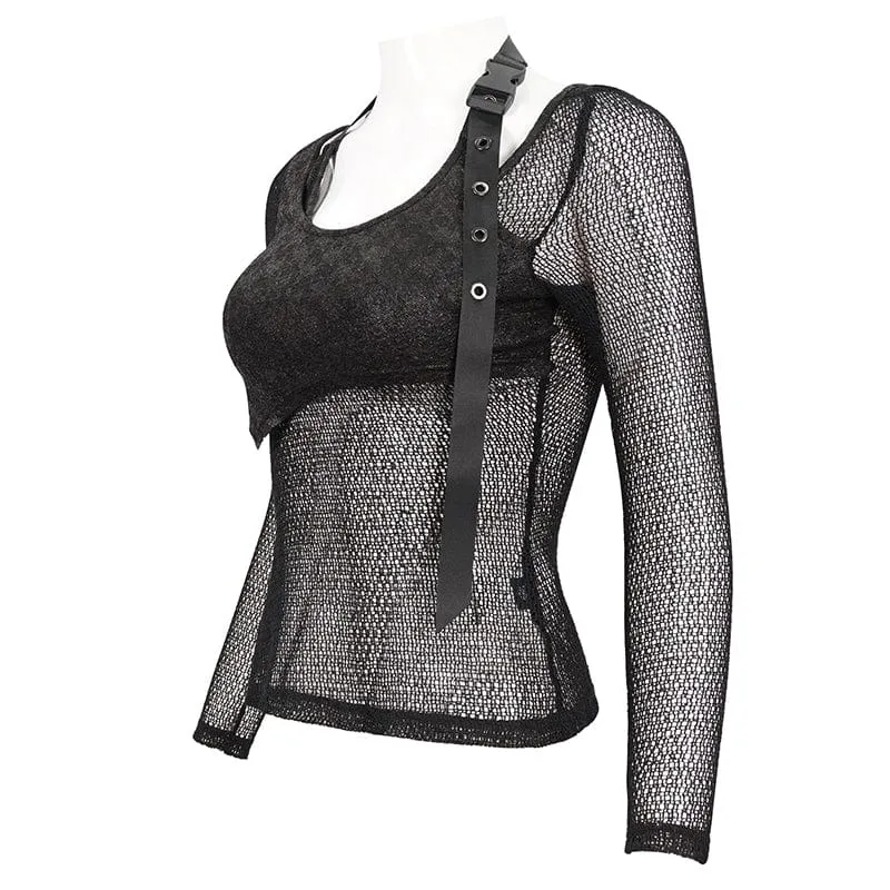 Mesh-Shirt mit Gothic-Schnalle für Damen