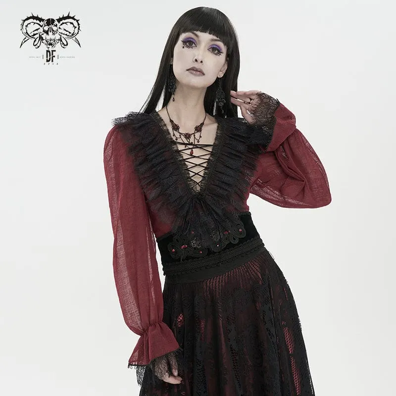 Damen Gothic Tiefer Rüschen Sheer Shirt Rot