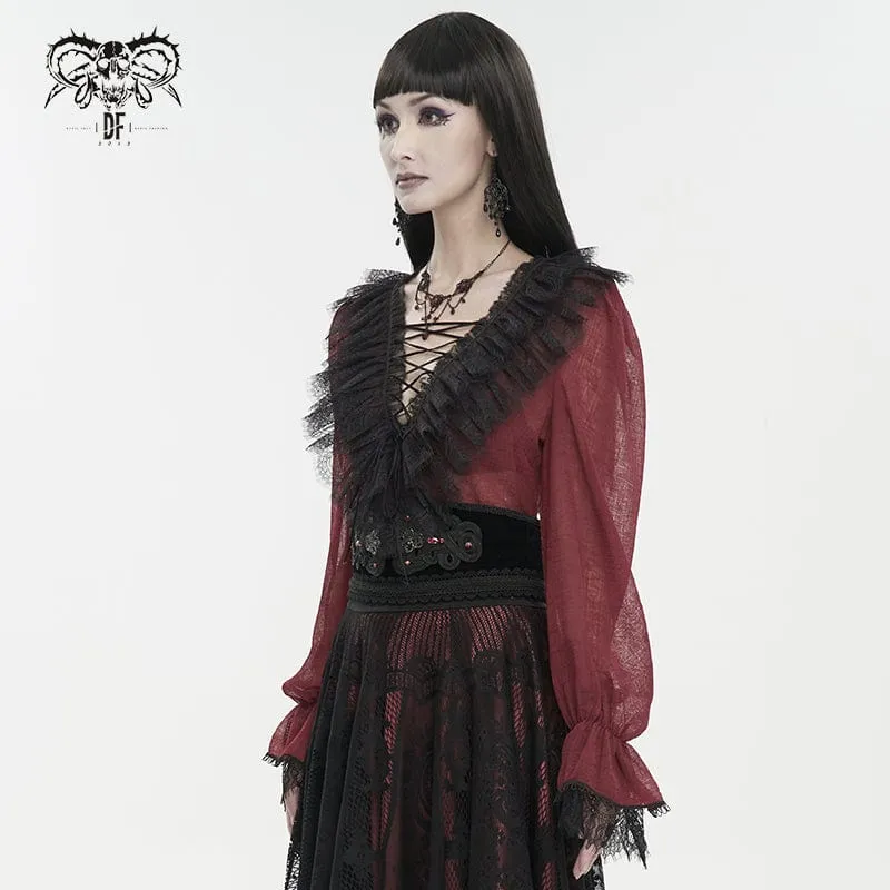 Damen Gothic Tiefer Rüschen Sheer Shirt Rot