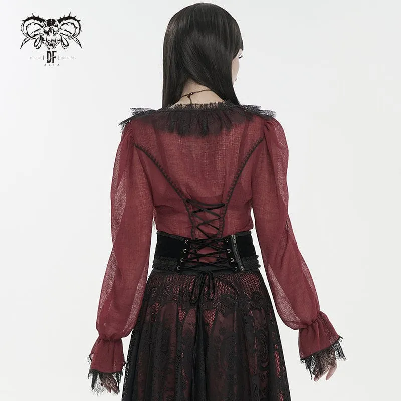 Damen Gothic Tiefer Rüschen Sheer Shirt Rot