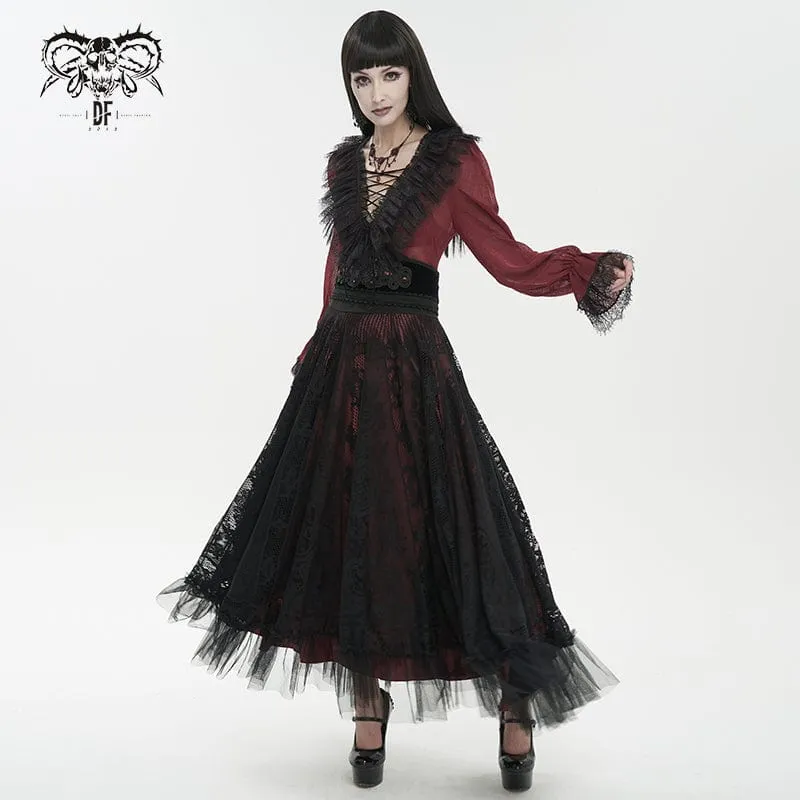 Damen Gothic Tiefer Rüschen Sheer Shirt Rot
