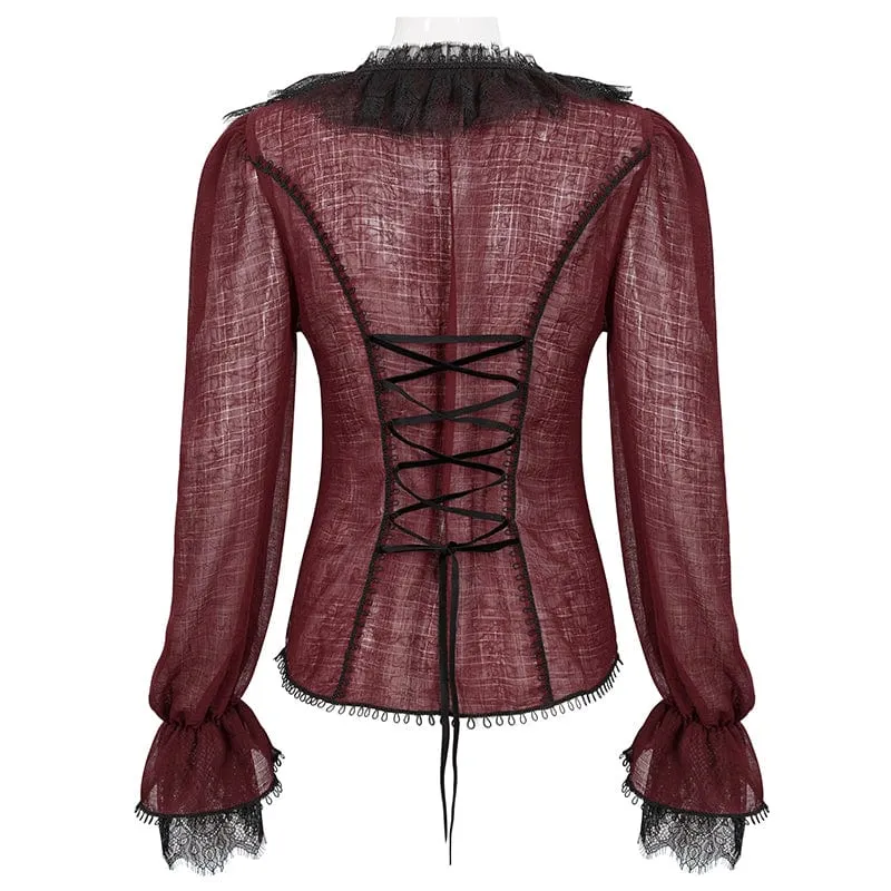 Damen Gothic Tiefer Rüschen Sheer Shirt Rot