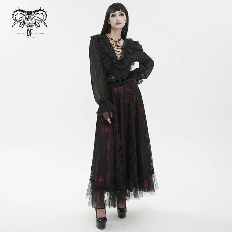 Damen Gothic Tiefer Rüschen Sheer Shirt Schwarz