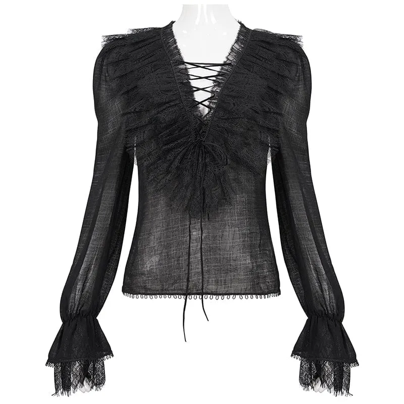 Damen Gothic Tiefer Rüschen Sheer Shirt Schwarz