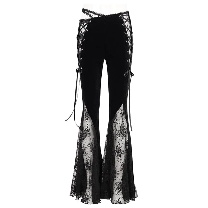 Gothic Lace Splice Samt Schlaghose für Damen