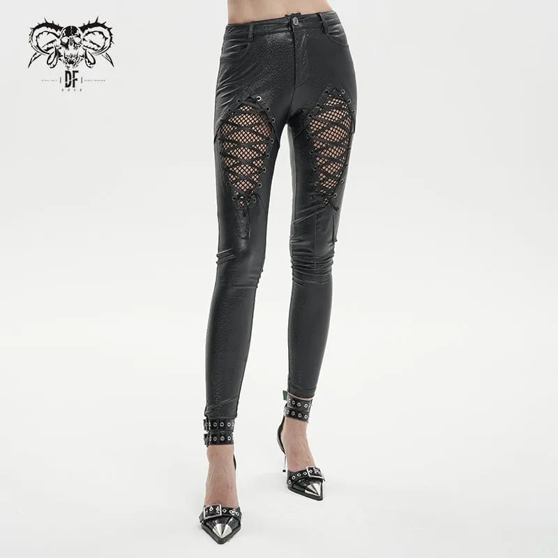 Gothic-Mesh-Splice-Leggings aus Kunstleder für Damen