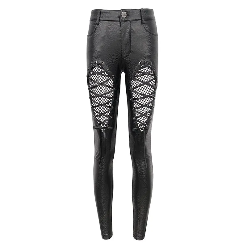 Gothic-Mesh-Splice-Leggings aus Kunstleder für Damen