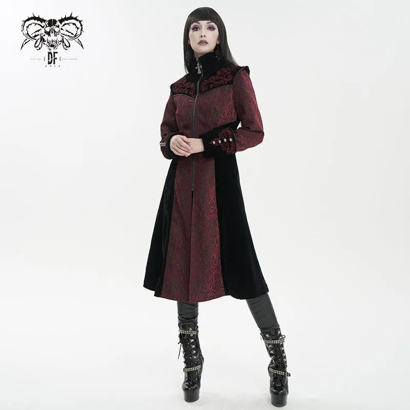 Damen Gothic Stehkragen Floral bestickter Mantel Rot