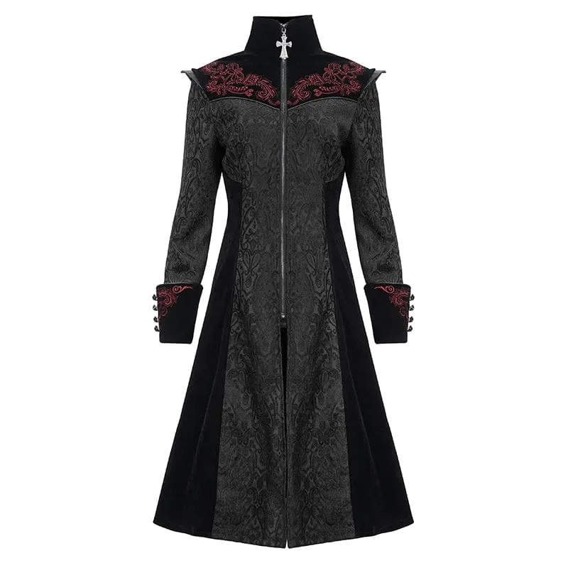 Damen Gothic Stehkragen Floral bestickter Mantel Schwarz