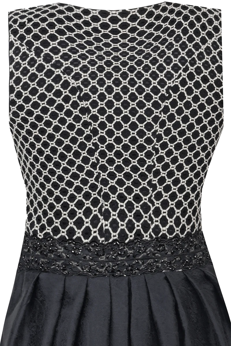 Midi-Dirndl mit eckigem Ausschnitt und Häkelspitze und Strassschürzenband
