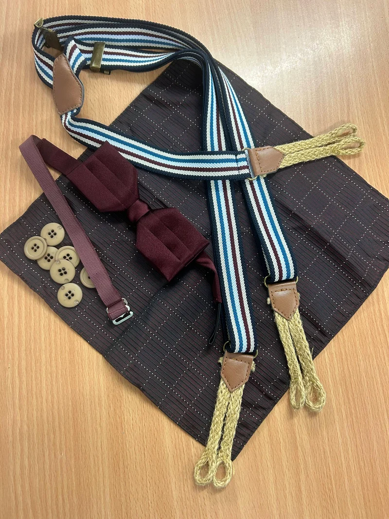 Vintage Hosenträger-Set mit Fliege, Einstecktuch & Knöpfen – Bordeaux & Blau