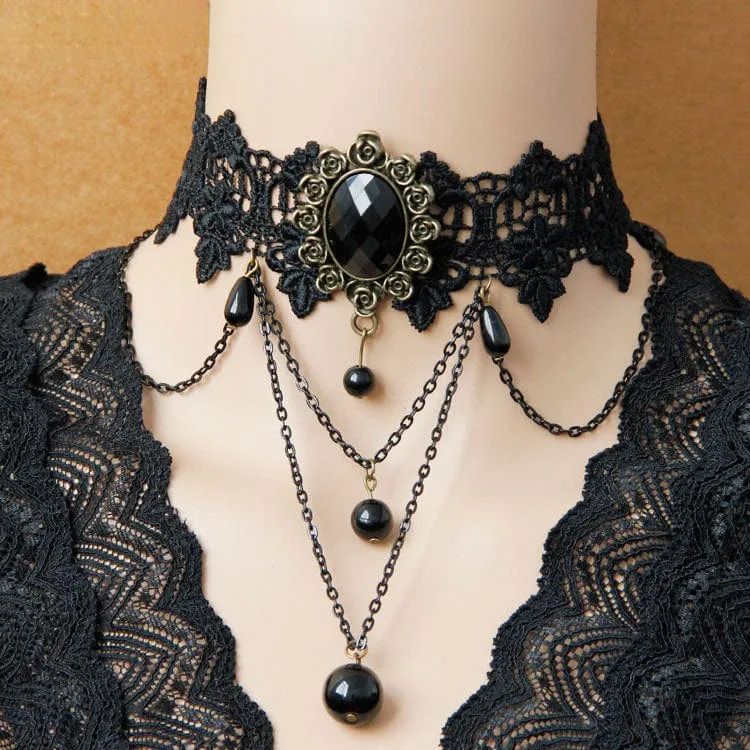 Gothic Bead Lace Choker für Damen mit Kette