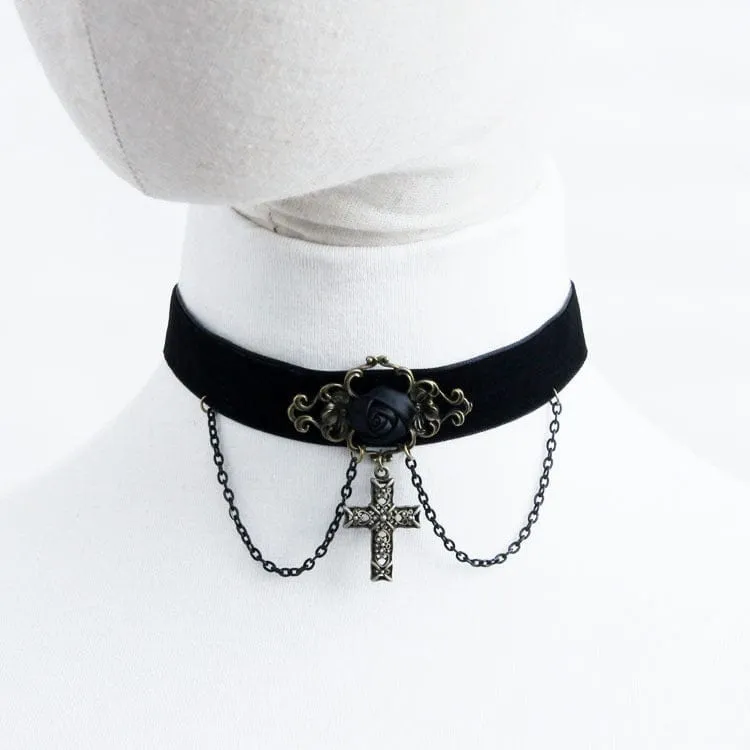 Gothic Rose Cross Choker für Damen mit Kette