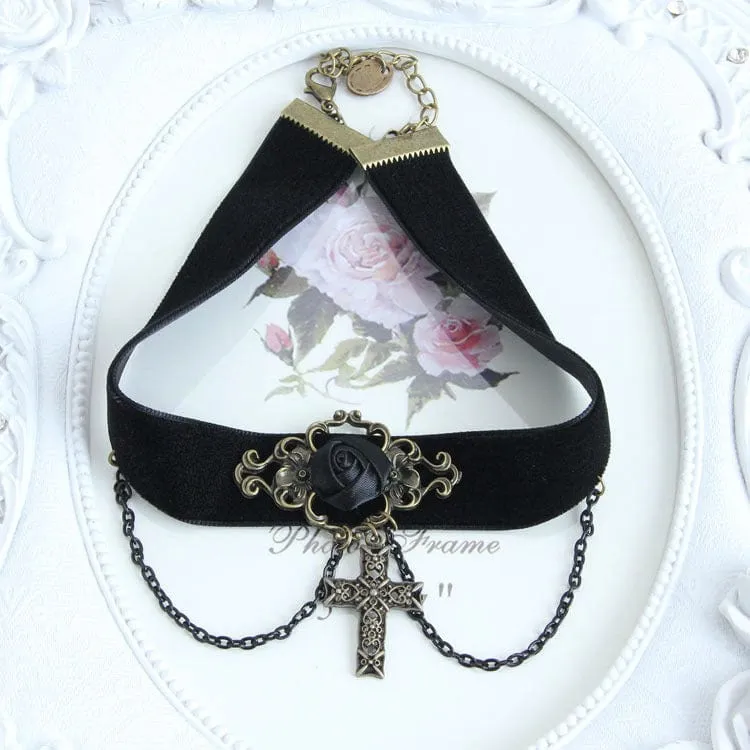 Gothic Rose Cross Choker für Damen mit Kette