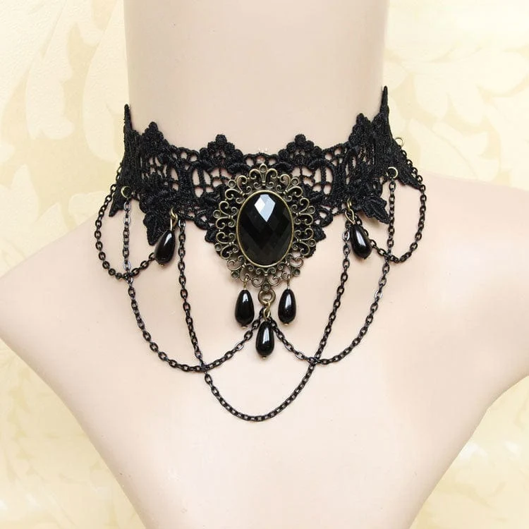 Damen Gothic Diamante Lace Choker mit Kette