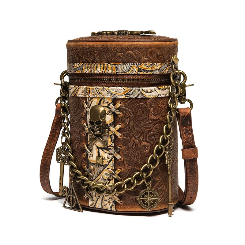 Unisex Steampunk Totenkopf geprägte Bucket Bag mit Kette