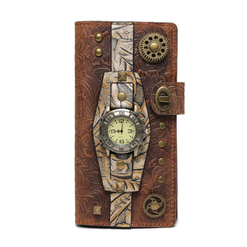 Unisex Steampunk Gear Uhr geprägte Brieftasche