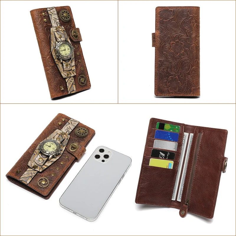 Unisex Steampunk Gear Uhr geprägte Brieftasche