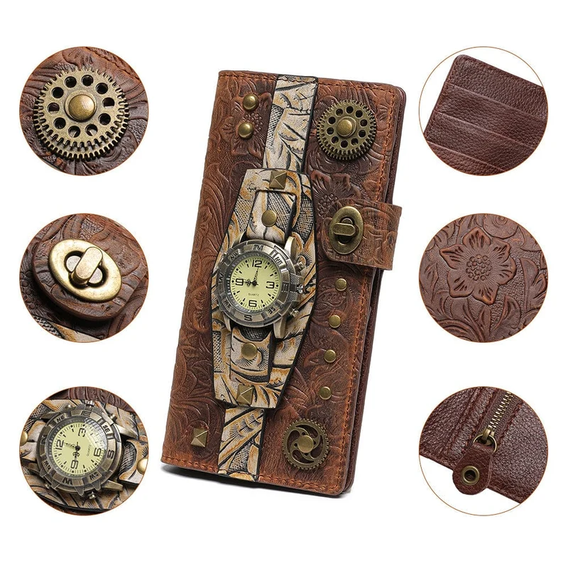 Unisex Steampunk Gear Uhr geprägte Brieftasche