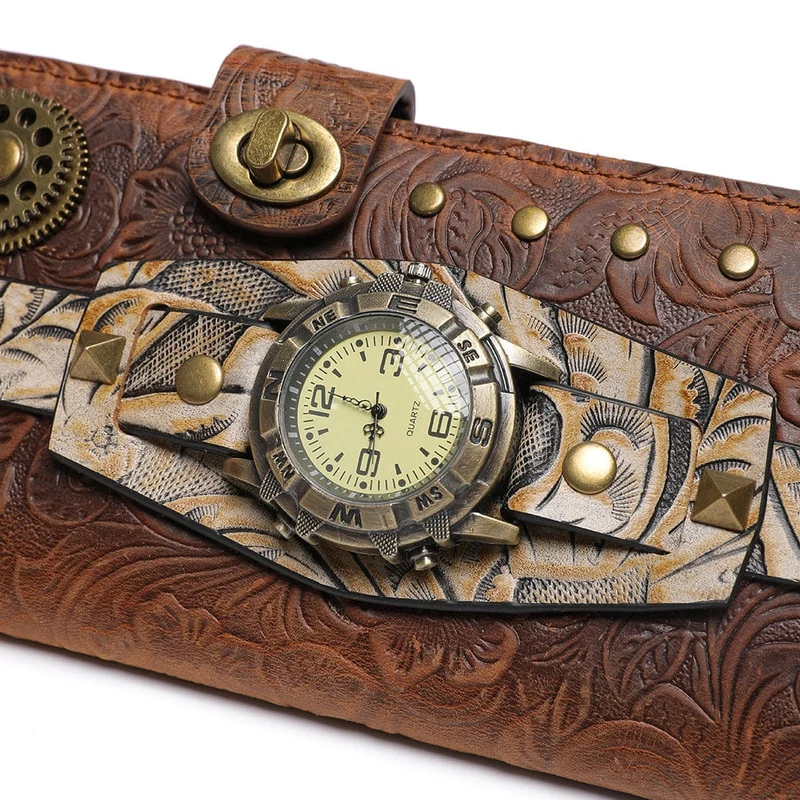 Unisex Steampunk Gear Uhr geprägte Brieftasche