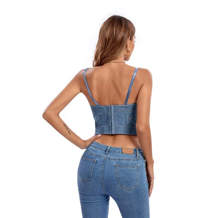 Gothic-Denim-Bustier mit Kristalldruck für Damen