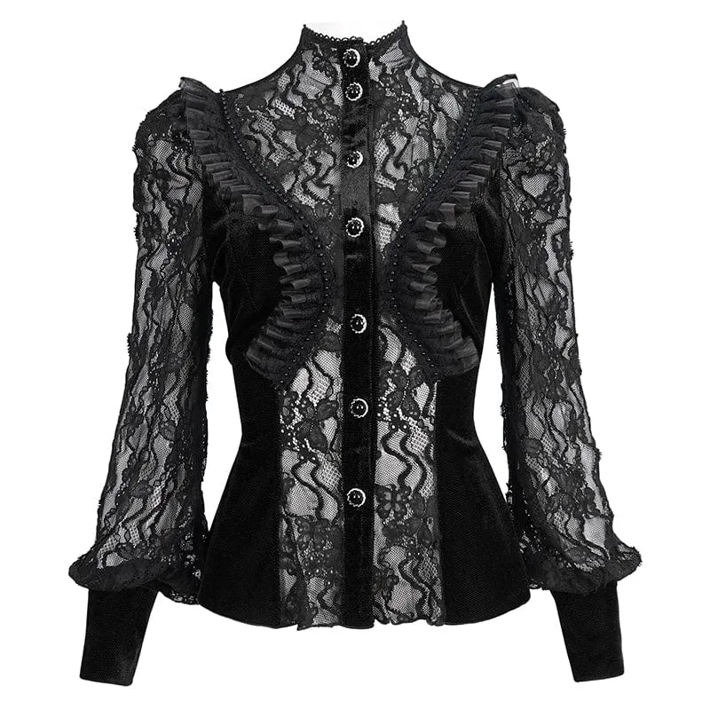 Damen Gothic Puffärmel Rüschen Spitzenhemd