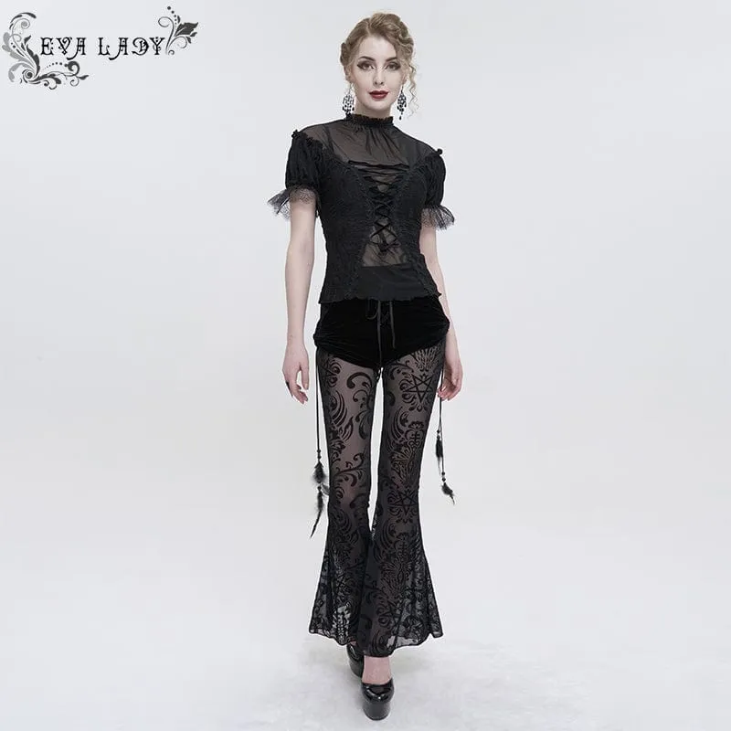 Damen Gothic Riemchen Mesh Splice Perlenhemd