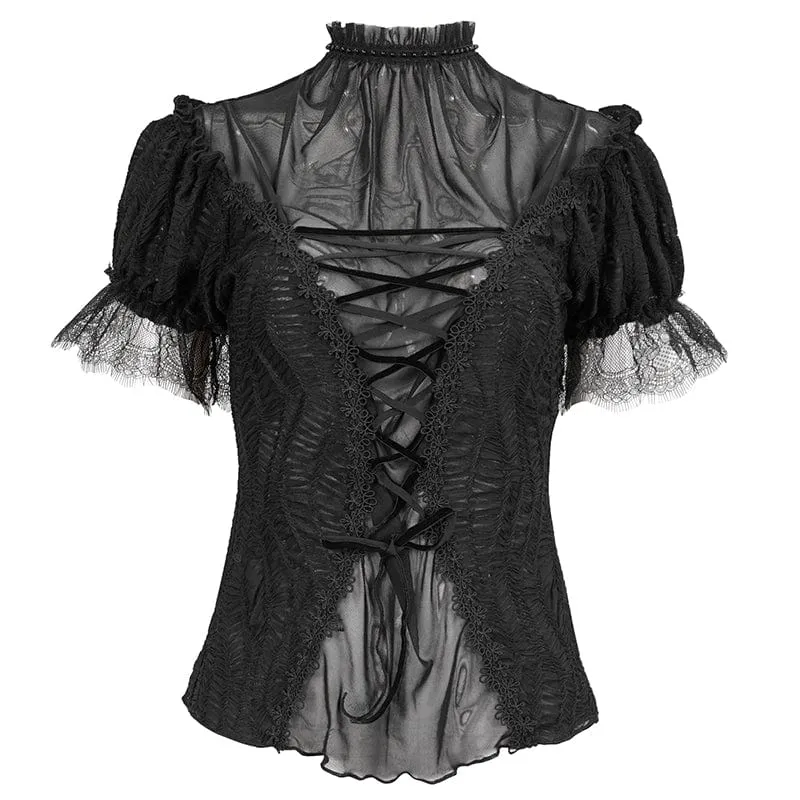 Damen Gothic Riemchen Mesh Splice Perlenhemd