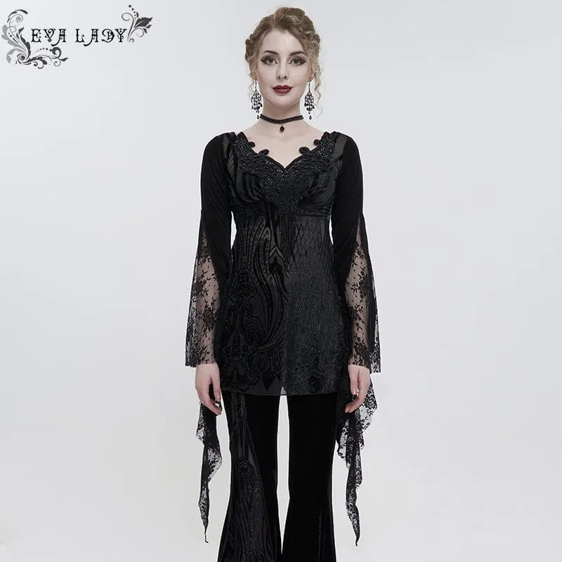 Damen Gothic Flared Sleeved Lace Splice Perlenhemd